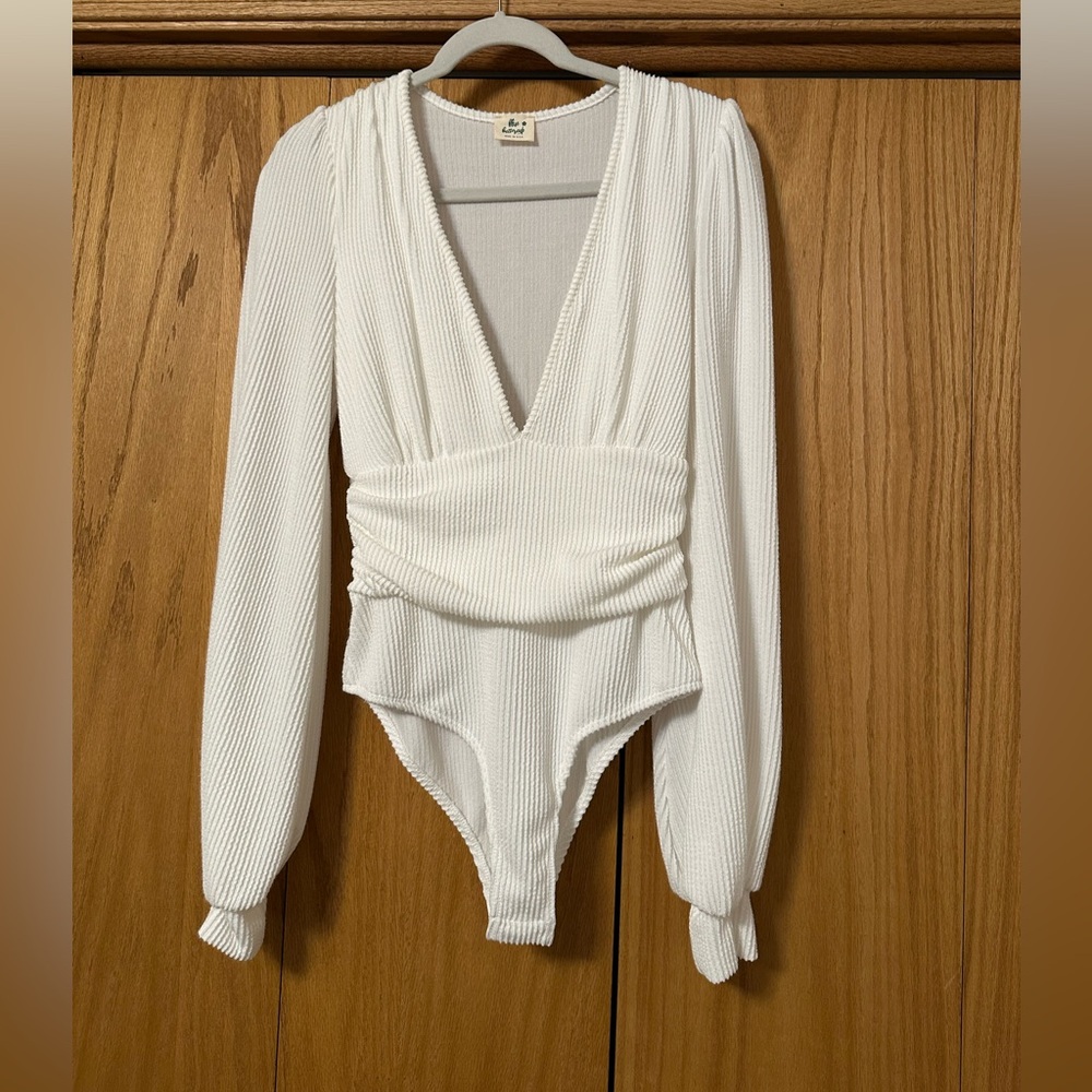 Deep V-Neck Long Sleeve Ribbed Knit Bodysuit